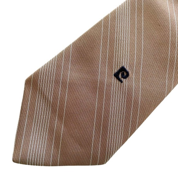Vintage Pierre Cardin Embroidered Logo Striped Tan Polyester Tie - Picture 6 of 8